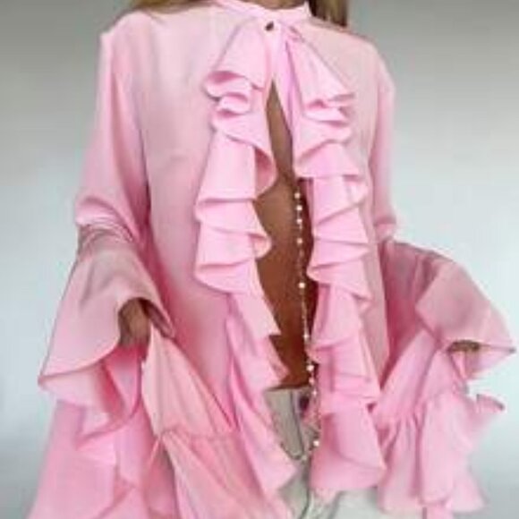 Ruffle Chiffon Statement top in Pink NWOT!!!!!!! - Picture 3 of 5